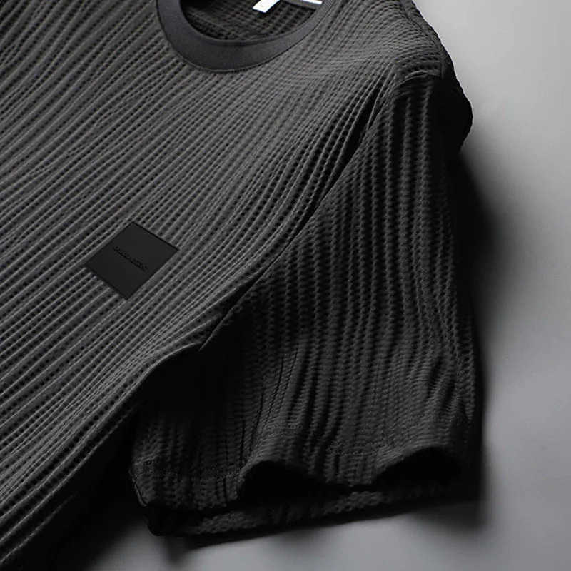 Summer Ice Silk Casual Sports Suit Mens Pleated Thin t shirt Pants Two Piece Set High Quality Breathable Tracksuit 241223