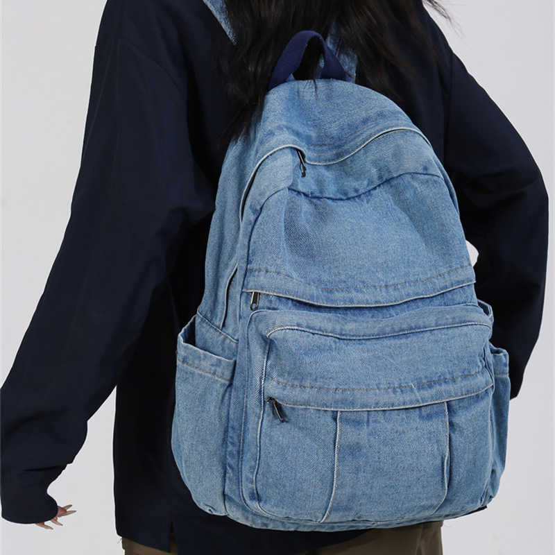 Washed denim canvas backpack for women 2024 new classic fashion backpack, large capacity college student class backpack 241230