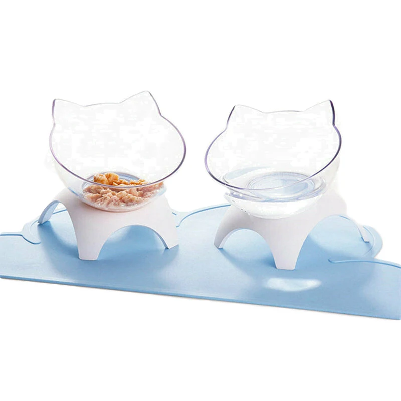 133556 Cat Raised Stand Feeding Transparent Plastic Pet Food Water Feeder Bowl 15 Degree Tilted Design Neck Guard for Cats Dogs