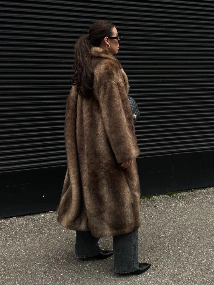 Dark Brown Faux Fur Long Overcoat For Women Fashion Lapel Single Breasted Loose Fluffy Plush Warm Coat Winter Thicken Outerwear 241223