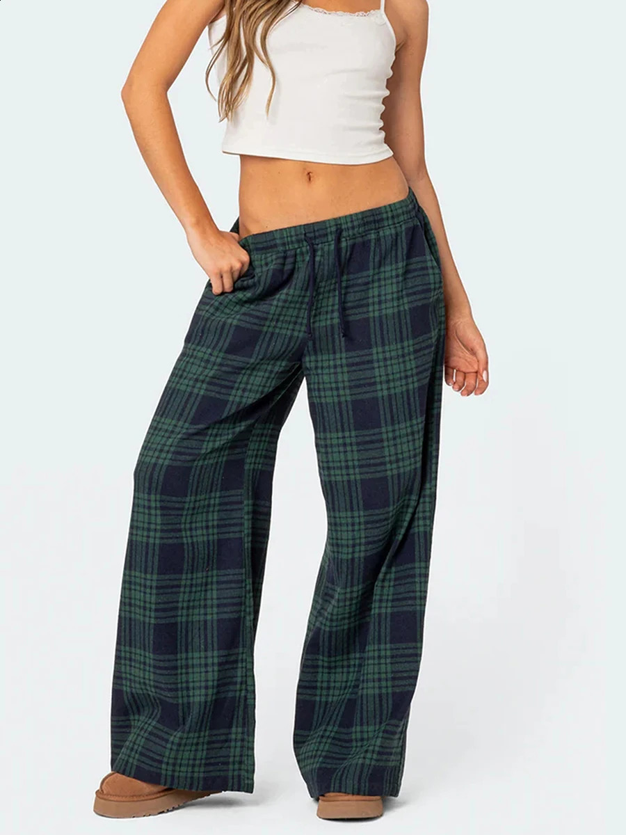 2024 Womens Casual Trousers Classic Plaid Print Elastic Waist Loose Wide Leg Pants Lounge 241228