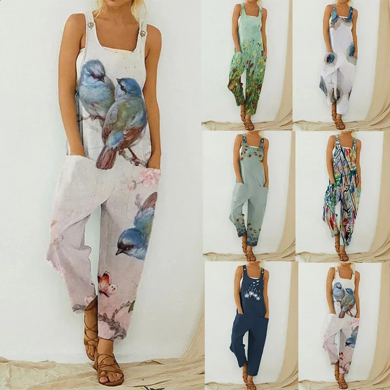 Fashion Printed Jeans Overalls Women Jumpsuit Suspenders Cow Jumpsuits Long Pants Pocket Floral Rompers 241230