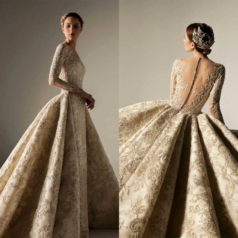 Exquisite Ball Gown Wedding Dresses Appliques Beaded Long Sleeve Designer Lace Sequins Court Gown Pleat Custom Made Bridal Plus Size Vestidos De Novia