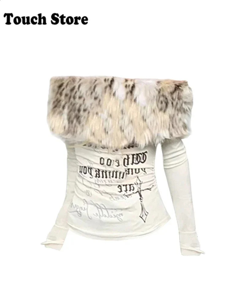 Gyaru Korean Fashion Clothing Autumn and Winter Womens Shoujo Y2k Coquette T-Shirt Slant Neck T-Shirt Long Sleeve Cropped Top 241224