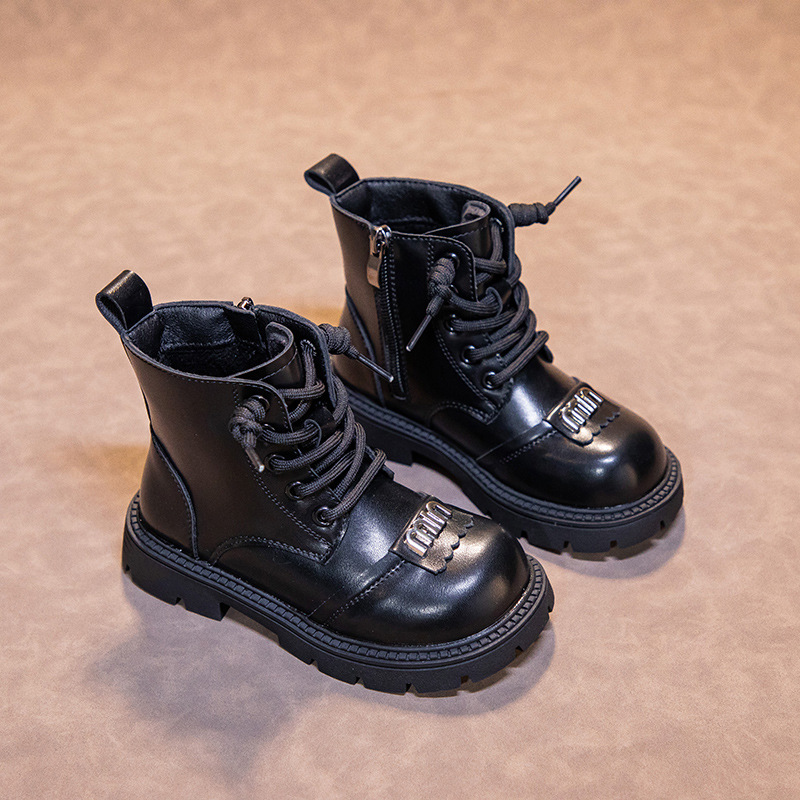 Fashion Children Leather Boots Autumn Winter Boys Girls Youth Boots Warm Cotton Happysteps Kids Ankle Boots Versatile Anti-slip Girls Shoes Sizes US9C