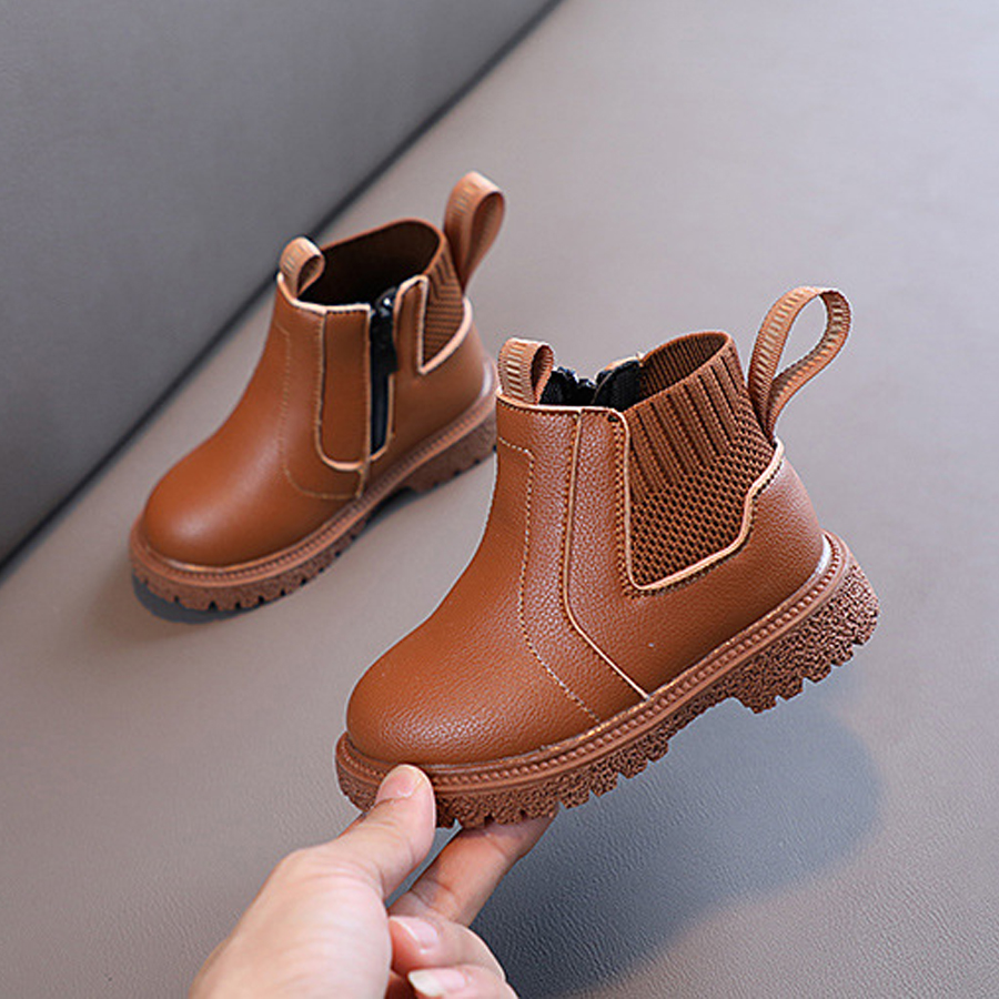 Winter New Kids Thick Plush Warm Boots Side Zipper PU Leather Waterproof Snow Boots Happysteps Boys Girls Non-slip Plush Cotton Shoes Size US 5C-12.5C