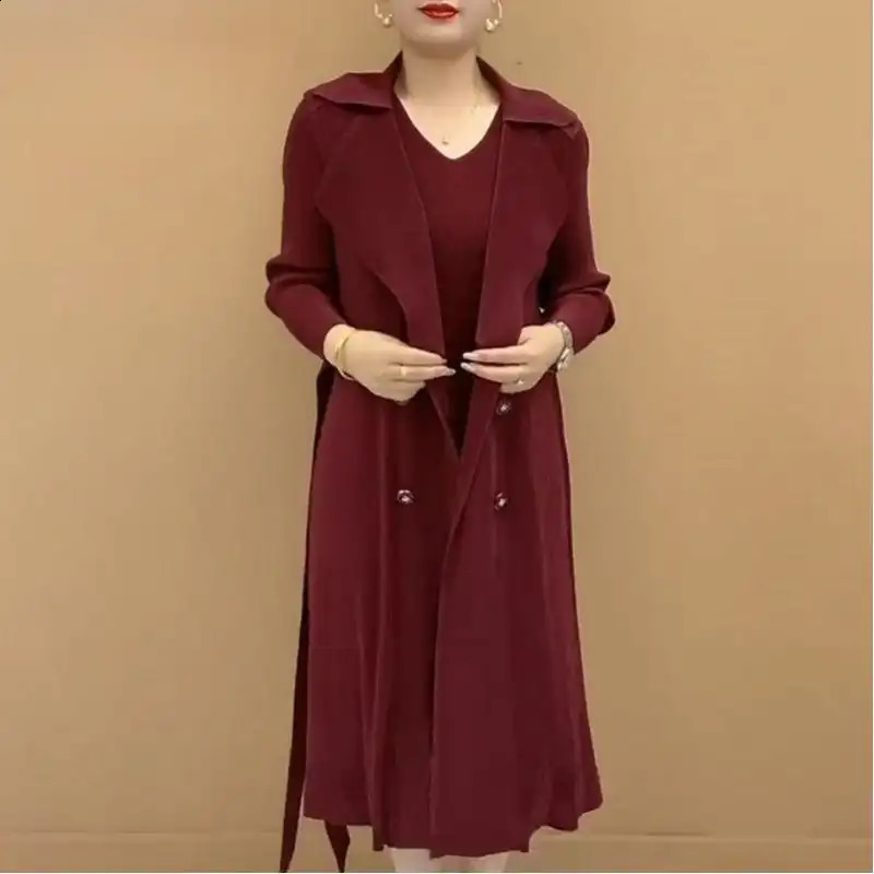 Fashionable Pleated Suit Collar Two Piece Trench Coat 2024 Autumn Winter Waist Pleats Wind Dress 241220