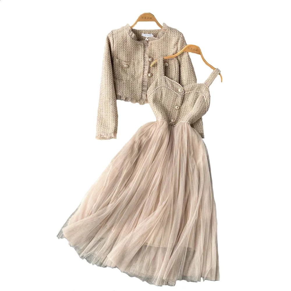 2025 Autumn Spaghetti Strap Woolen Patchwork Mesh Tulles Midi Dress Short Tweed Jacket Coat For Women 2 Pieces Set Outfits 241220