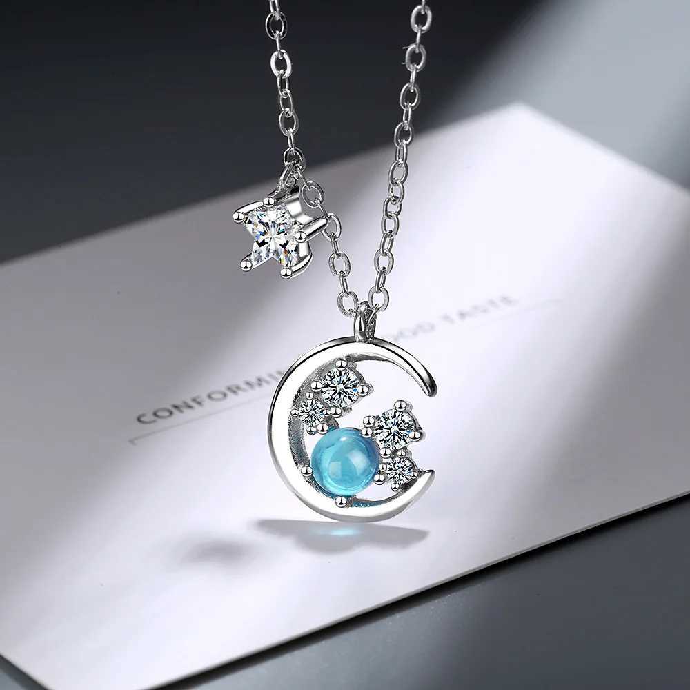 925 sterling silver blue crystal moon pendant necklace suitable for womens weddings luxurious and exquisite jewelry W241230