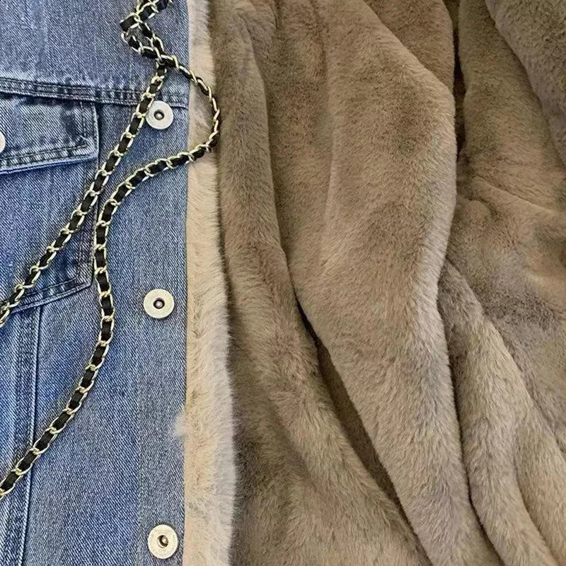Winter Fleece Thicken Denim Women Jacket Loose Casual Warm Jeans Coats Wear Fur Collar Long Sleeves Oversized Female Clothes 241223