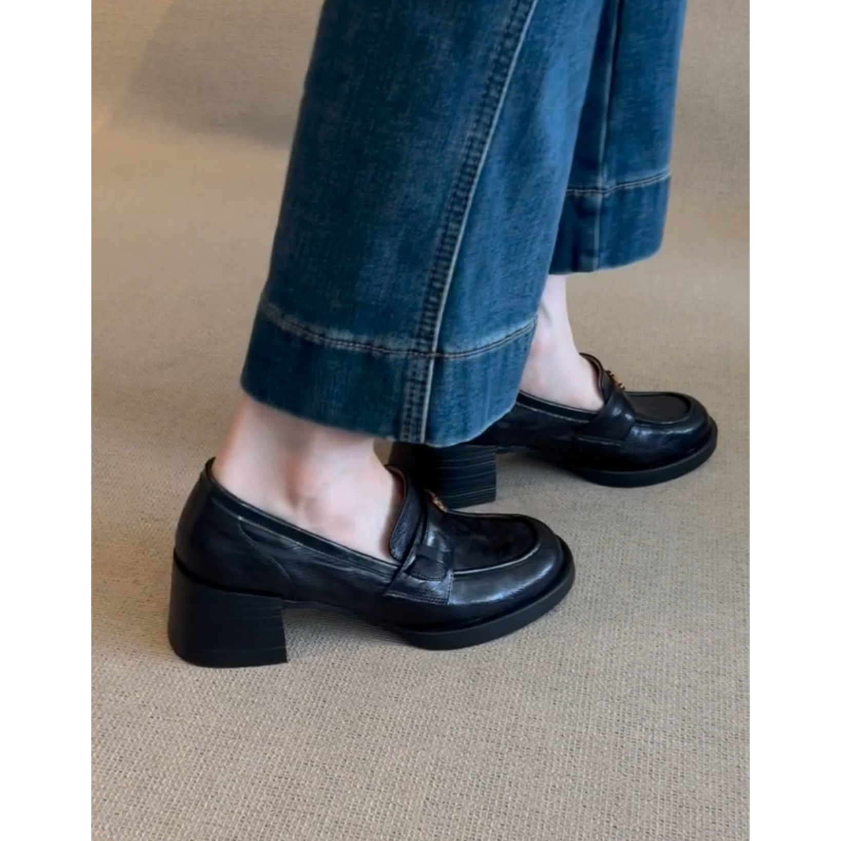 Sheepskin Edition~True Leather Mountain Camellia Black High Heels Le Fu Shoes for Women 2024 New Small Leather Shoes Coarse Heel Temperament Single Sh
