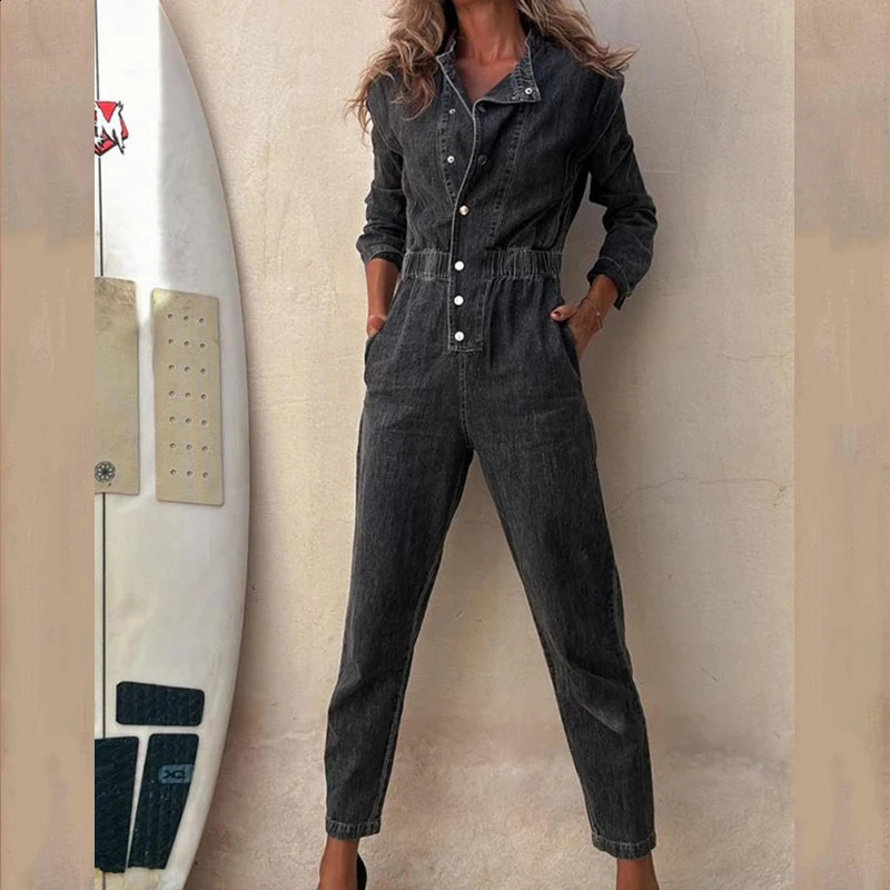 Women Fashion Button Solid Long Rompers Causal Long Sleeve Pocket Pencil Playsuits Elegant O-neck Elastic Waist Cow Jumsuits 241230