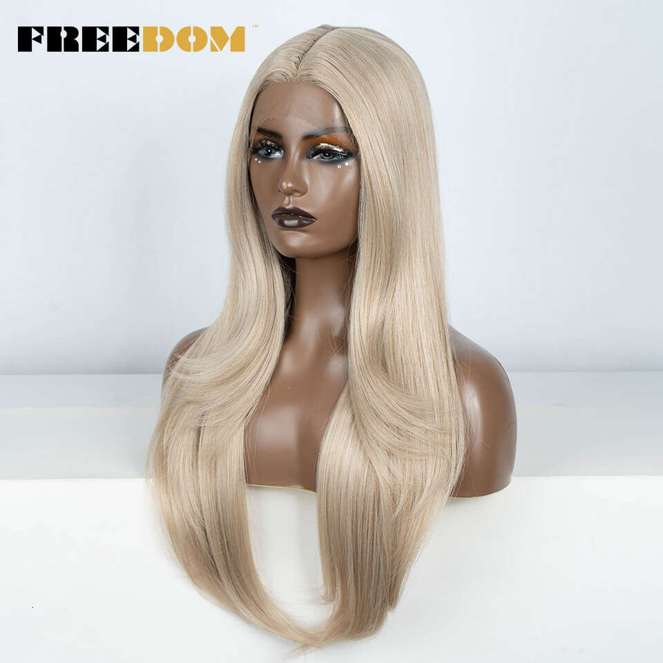 FREEDOM Synthetic Front For Women 28 Inch Straight Pink Ombre Brown Blonde Highlight Cosplay Lace Wigs Heat Resistant
