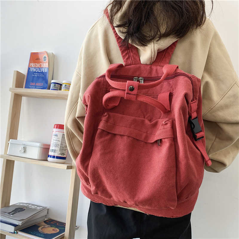 Ins style schoolbag female solid color large capacity backpack college student lazy Feng Shui wash used Canvas Backpack 241230