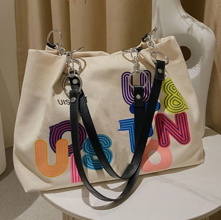 Fashion Handheld Large Capacity Canvas Bag Women's Printed Letter Single Shoulder Tote Bag