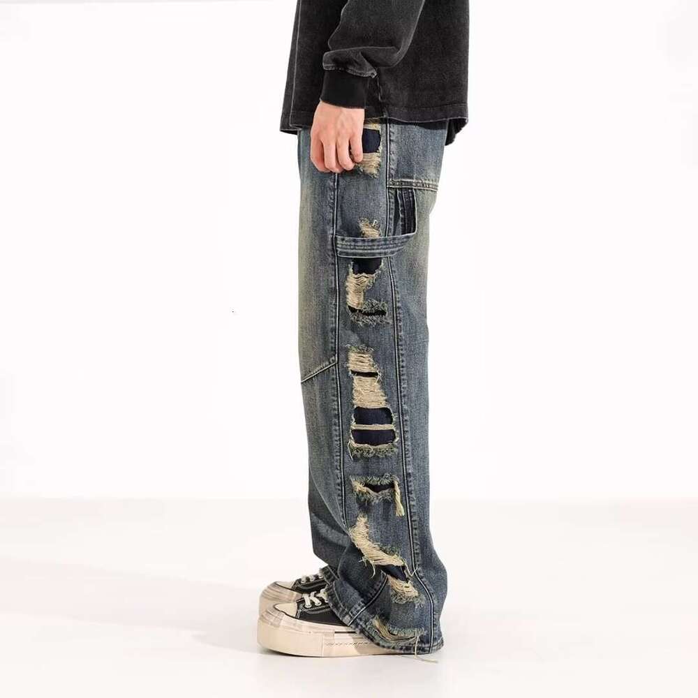 Men's Wear Hip Hop Jeans Street Jeans American Style Vintage Clean Fit Loose Ripped Jeans Men's High Street Trendy Brand Versatile Straight 