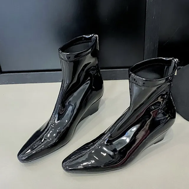 2025 NEW Ankle Boots High Quality Soft Cozy Patent Leather Women Sexy Pointed Toe Wedges Heels Party Prom Shoe Booties Female Pumps