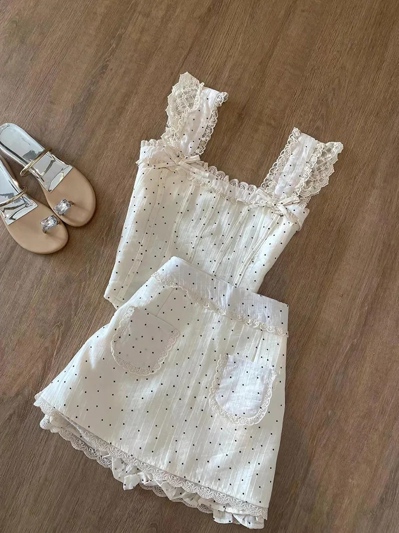 Y2K Womens Two Piece Set French Lace Splicing Polka Dot Suspenders Sexy Fashion Retro Harajuku Bow Cute Mini Skirt Tops Suit 241220