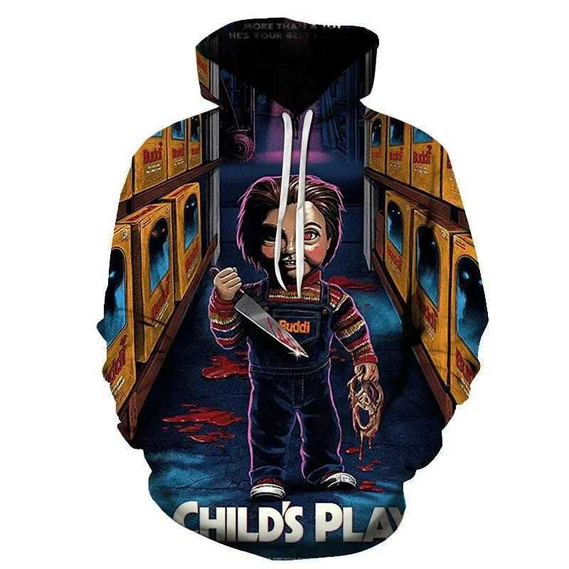 Chucky 3D printed hoodie mens horror fashion streetwear oversized sportswear hoodie childrens pull sportswear mens clothing W241230