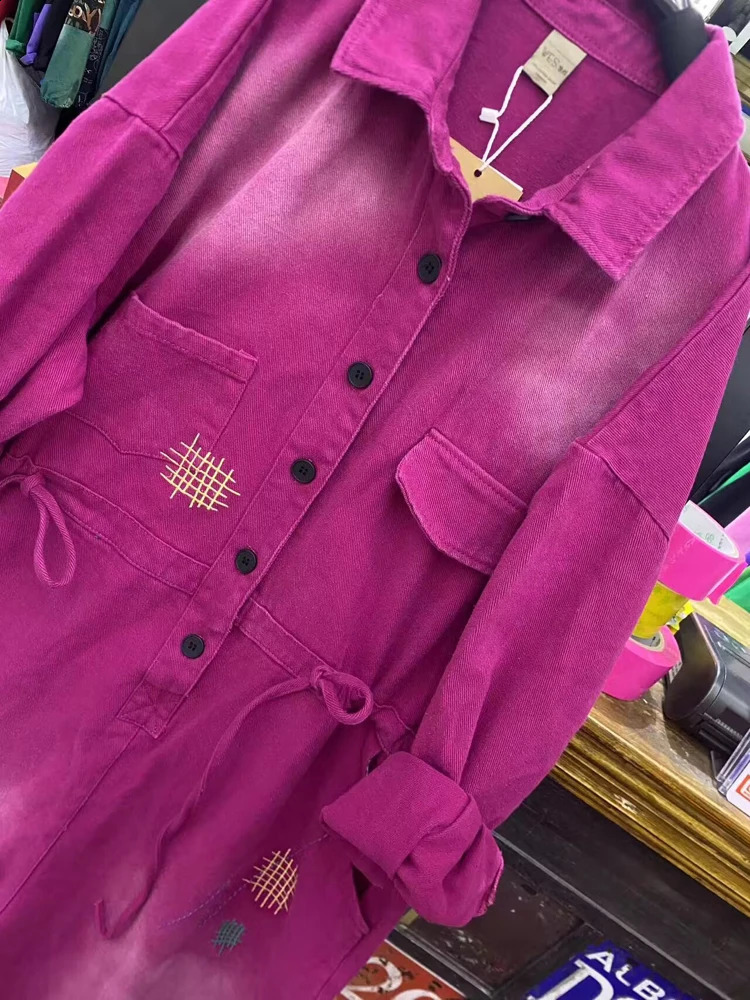 Cow Coveralls Women Autumn Streetwear Embroidery Lapel Button Denim Wide Leg Jumpsuit High Waist One-piece Pants Romper 241230