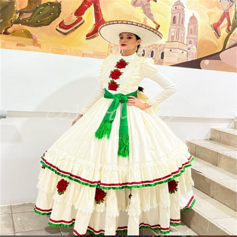 Mexican Folkloric Vestidos De 15 Quinceanera Dress White Embroidery Long Sleeve Vestidos De Novia Mariachi Prom Party Jalisco Xv Debutant Para Hallowe