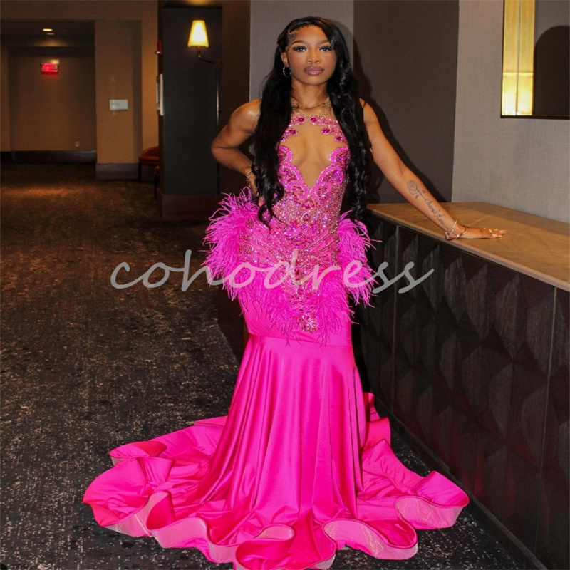 Luxury Rhinestone Hot Pink Prom Dress Mermaid Plus Size Feather Birthday Dress Illusion Aso Ebi African Evening Gown Formal Occasion Vestidos De Fiest