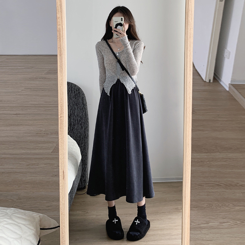 L30968 long new style kapok velvet plus velvet skirt high waist long skirt cover the flesh and show thin A-line skirt