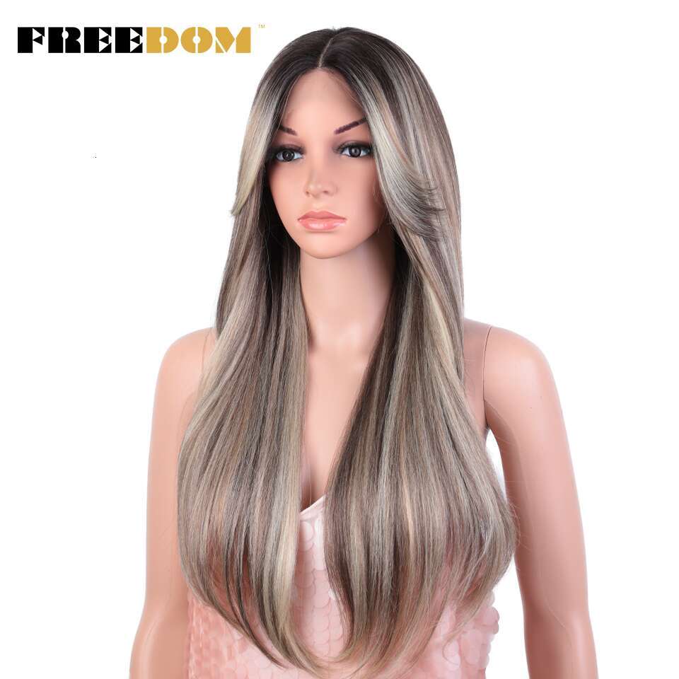 FREEDOM Synthetic Front For Women 26 Inch Long Straight Lace Wig With Bangs Ombre Orange Blonde Cosplay Wigs