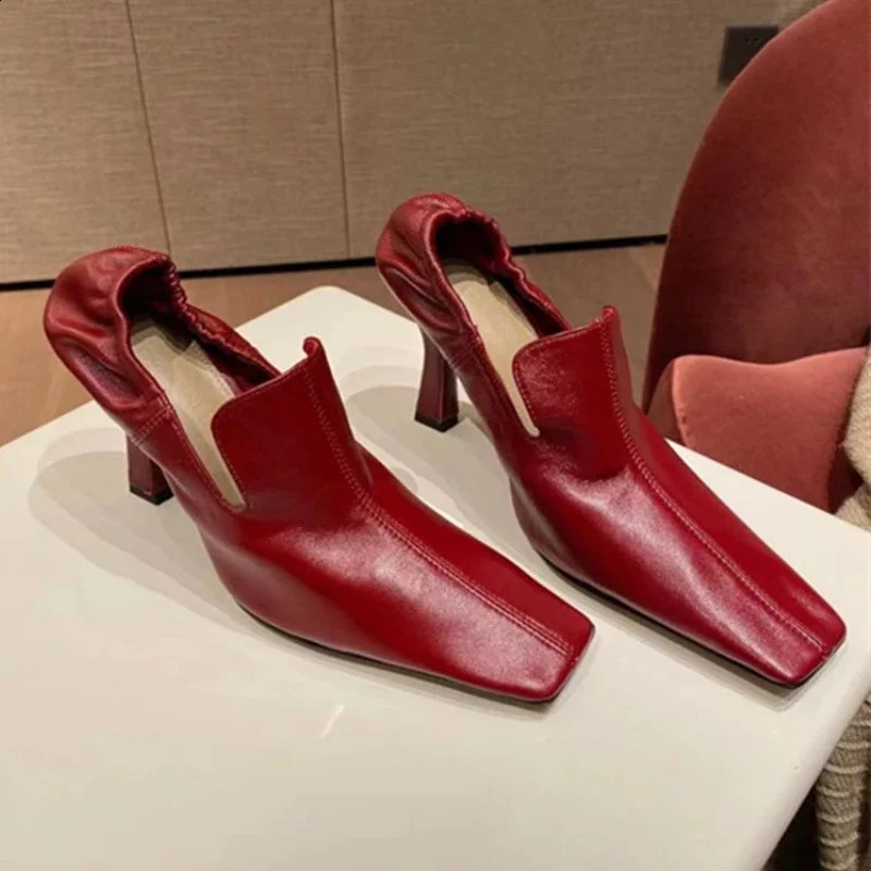 Square Toe High Heels Women Fashion Pleated Party Dress Shoes Shallow Spring Autumn Retro Mules Pumps Women 241230