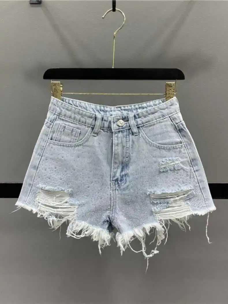 Fashion Rhine Denim Shorts for Women 2025 New High Waist Ripped Holes Shorts Jeans Fe Street Wide Leg ShortsX241230