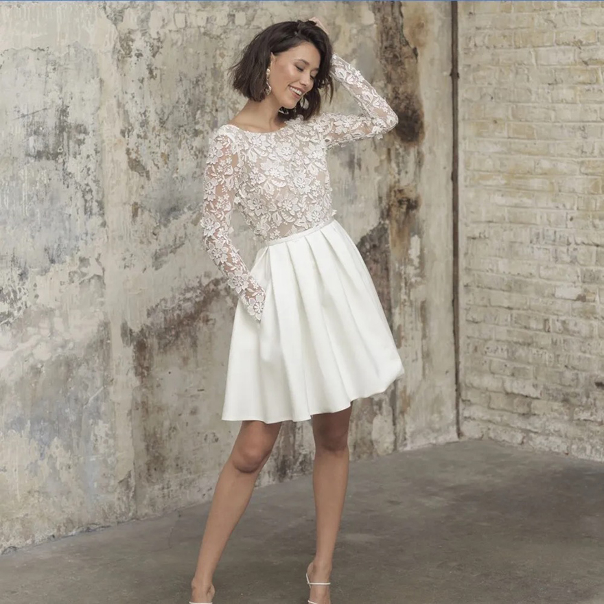 2024 Short Beach Satin Wedding Dresses Lace Appliqued Long Sleeve Backless Reception Gowns With Pockets Women Formal Dress