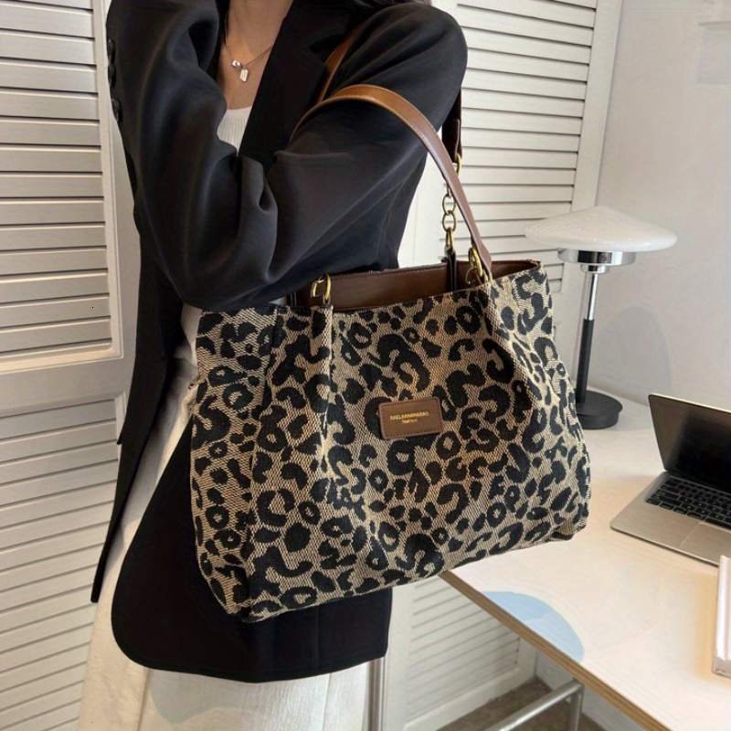 Leopard Print Canvas Tote Bag, Fashionable Shoulder Bag Women, Perfect For School, Office, And Shopping
