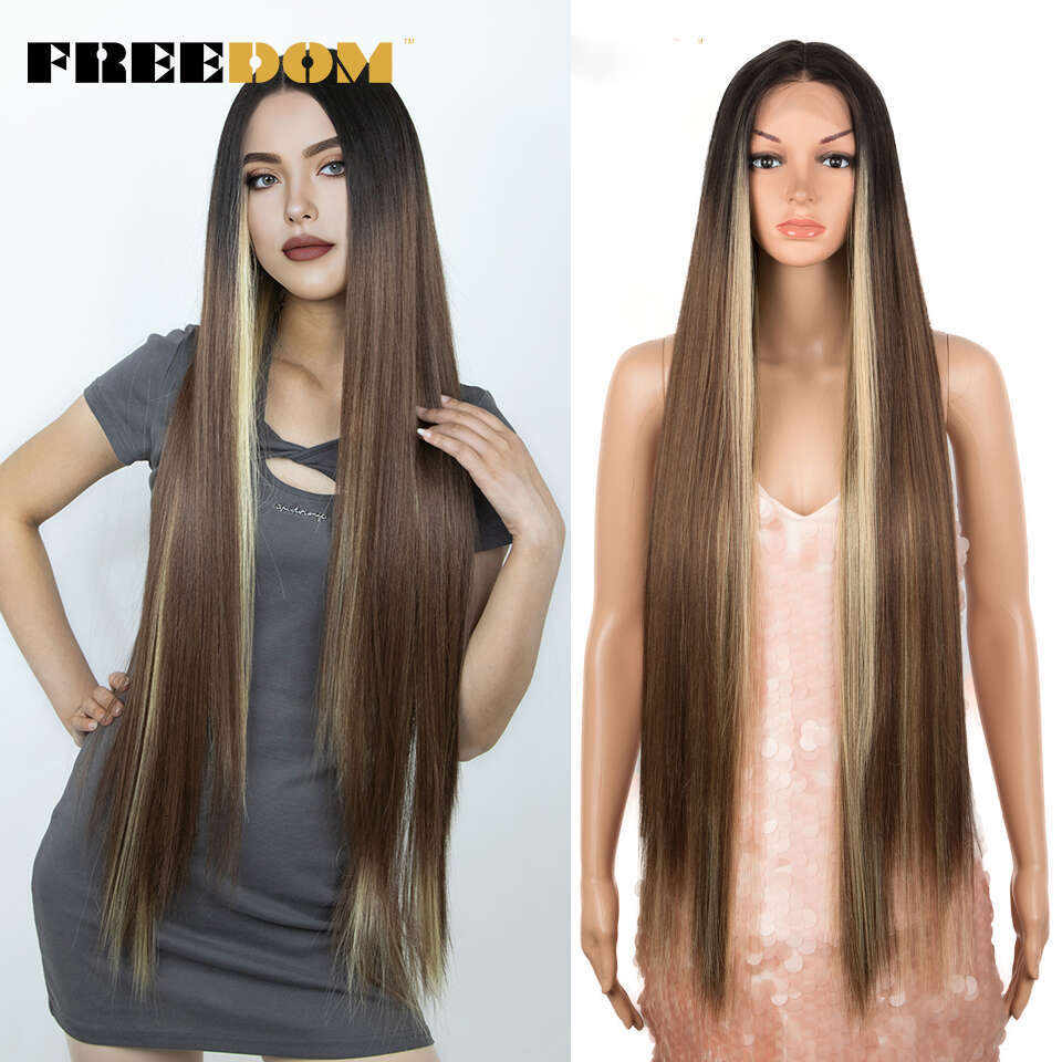 FREEDOM Hair Synthetic Front For Women 38 Inch Long Straight Lace Ombre Brown Blonde Wig Red White Cosplay Wigs