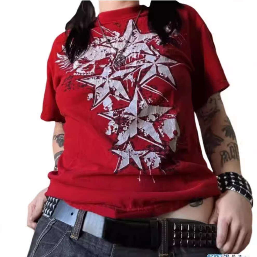 Women's 90s Shopping Mall Gothic T-shirt Y2K Cyber Grunge Skull Emo