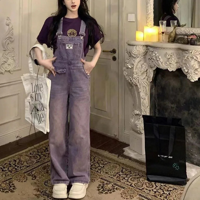 Youth Series Women Vintage Niche Purple Cow Summer Loose Korean Solid Casual Wide Legs Office Lady Affordable Rompers 241230