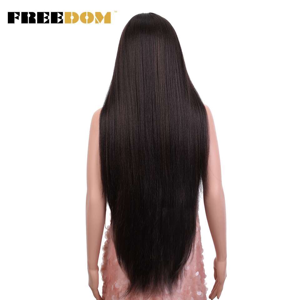FREEDOM Yaki Straight Synthetic Wigs For Women Ombre Brown Handtied Lace 36 Inch Middle Part Long Blue Pink Cosplay Wig