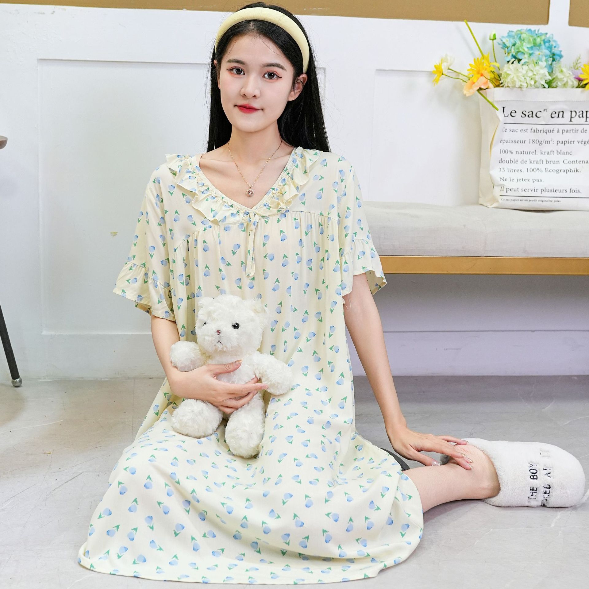 Y5-Cotton silk nightdress Summer new style women's home clothes Large size can be worn outside small fresh thin long skirt