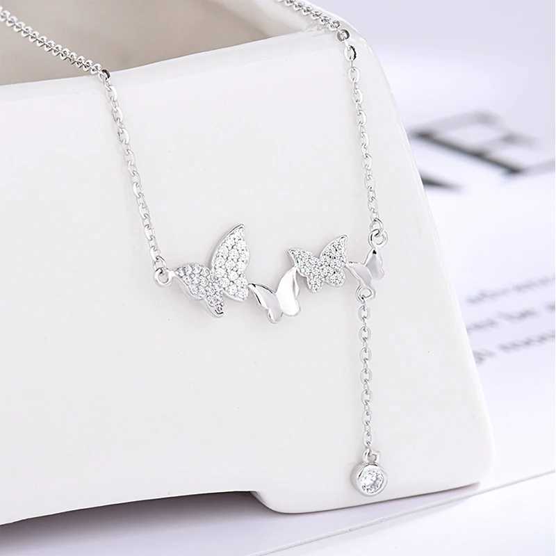 Christmas gift 925 sterling silver sSparkling diamond butterfly necklace fashion tassel Collaone chain Birtay gift jewelry W241230