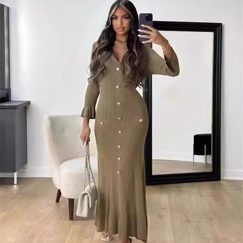 Elegant Knitted Long Dres Flare Sleelve V Neck Ruffles Single Breasted Bodycon Dresses Party Fashion Office Lady Vestidos 241228