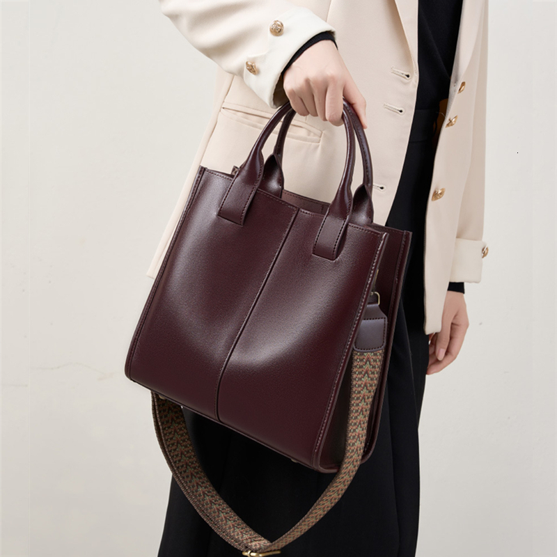 Burminsa Cowhide Genuine Leather Large Tote Handbags For Women New 2025 Trend Designer Wide Strap Ladies Shoulder Messenger Bags