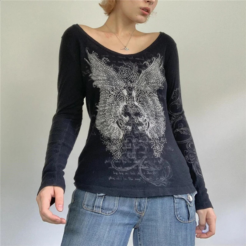 Lamuusaa Butterfly Tops Women Fairycore Grunge Clothes Long Sleeve T Shirts with Rhinestone y2k Tee 2000s Clothes Streetwear 241224