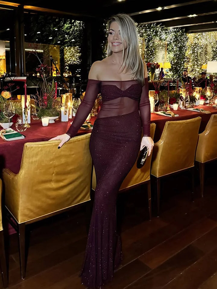 Elegant Sequined Mesh Sheer Long Party Dress Women Off Shoulder Full Sleeve See Through Dresses 2025 Lady Glitter Evening Gowns 241231