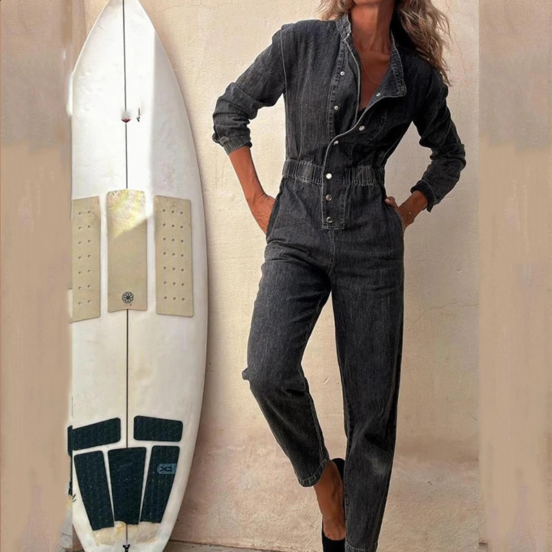 Women Fashion Button Solid Long Rompers Causal Long Sleeve Pocket Pencil Playsuits Elegant O-neck Elastic Waist Cow Jumsuits 241230