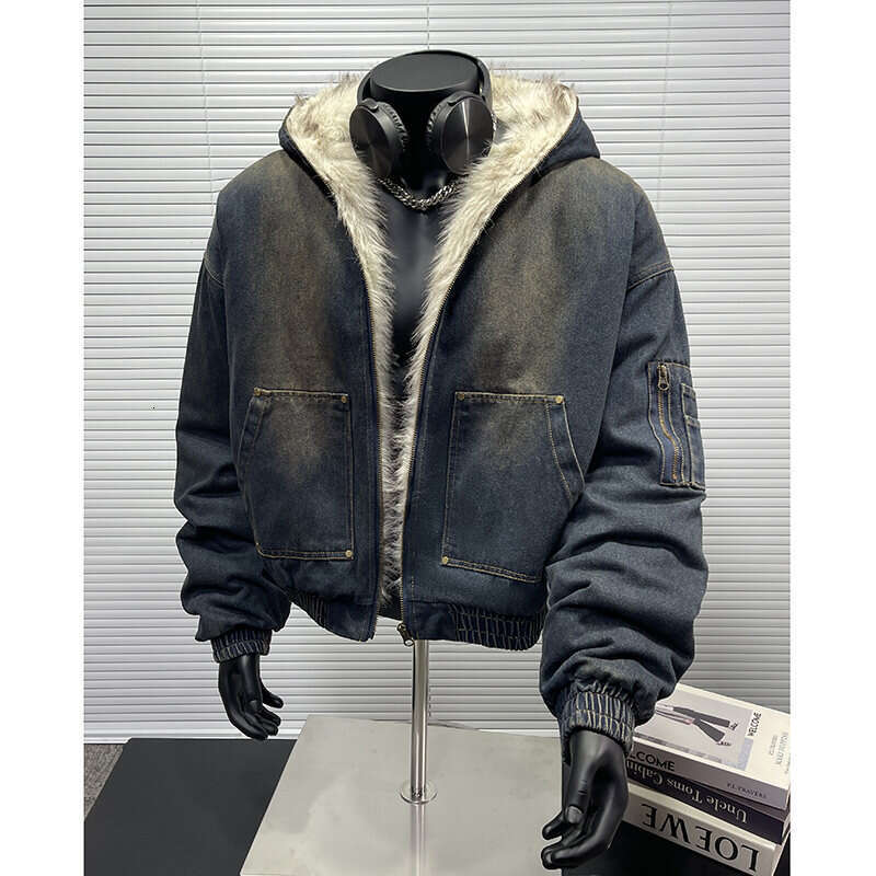 Men's Wear New Autumn Winter Loose Denim With Thickened And Warm Retro Design, Hooded Cotton Jacket, Fashionable Men's Jacket
