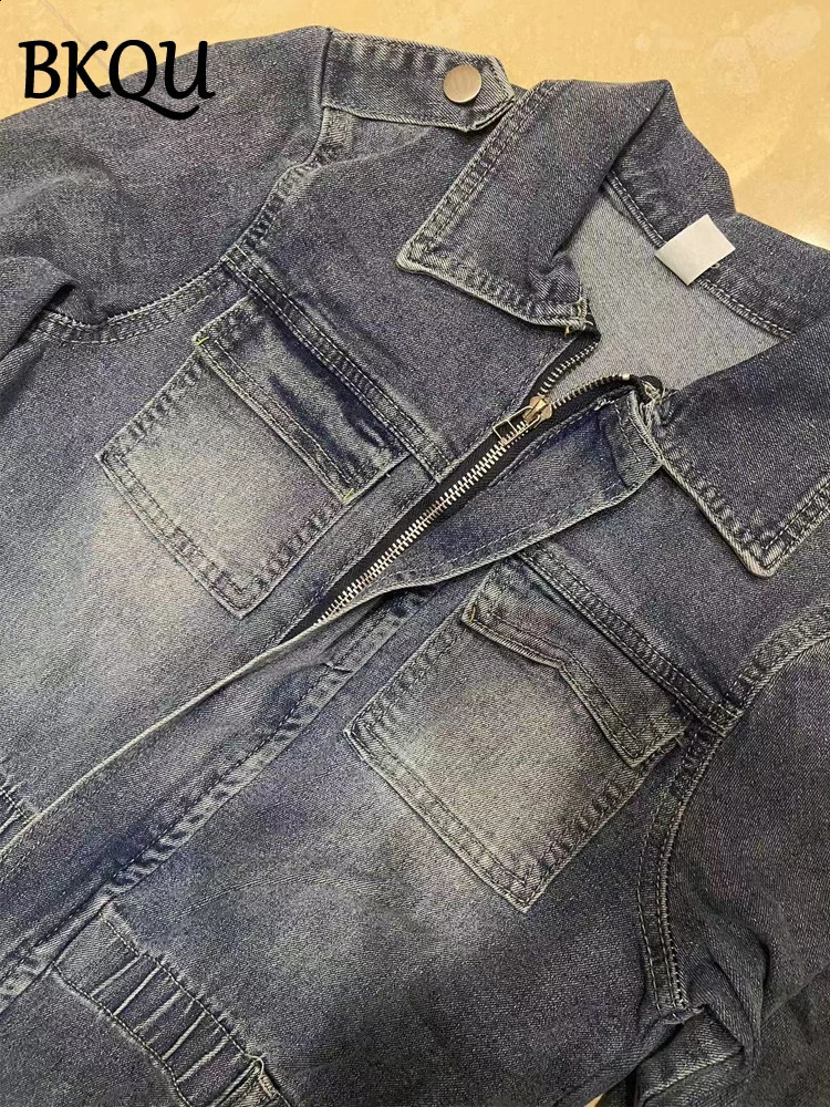 BKQU Denim Cargo Jumpsuit Women Pockets Patchwork Fashion Lapel Zipper Jean Stretch Overalls Playsuit Fall Winter Y2k Streetwear 241230