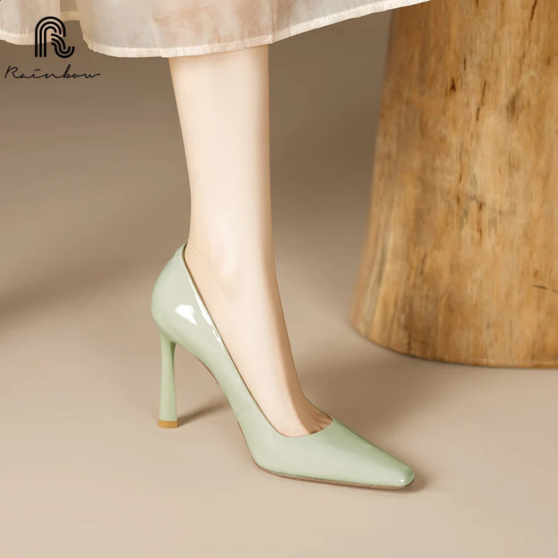 RAINBOW 33-40 Handmade Genuine Leather Shoes Trend Women Pumps Pointed square Toe High Heels Party Elegant Ladies Office 241230