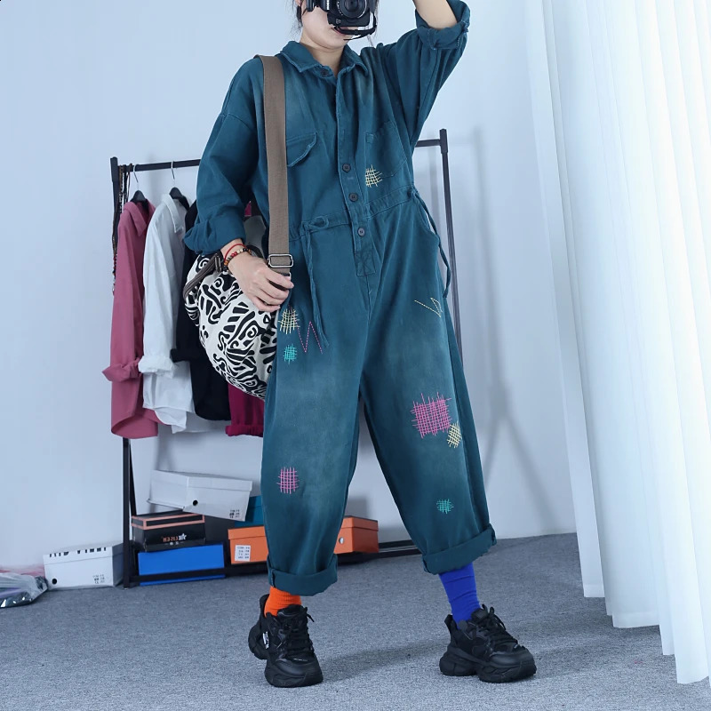 Cow Coveralls Women Autumn Streetwear Embroidery Lapel Button Denim Wide Leg Jumpsuit High Waist One-piece Pants Romper 241230