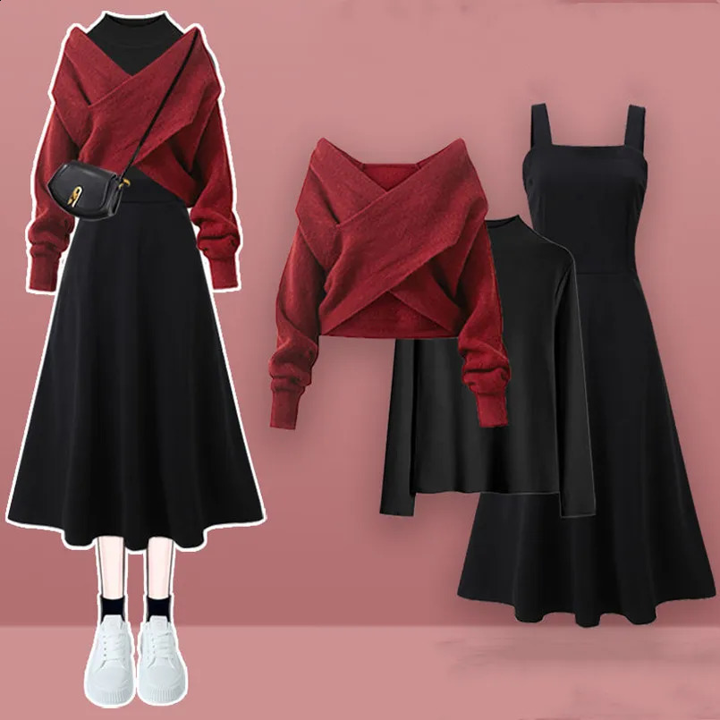 2024 Korean AutumnWinter Fashion Versatile Womens Set Cross SweaterInner ShirtDress Three Piece 241220