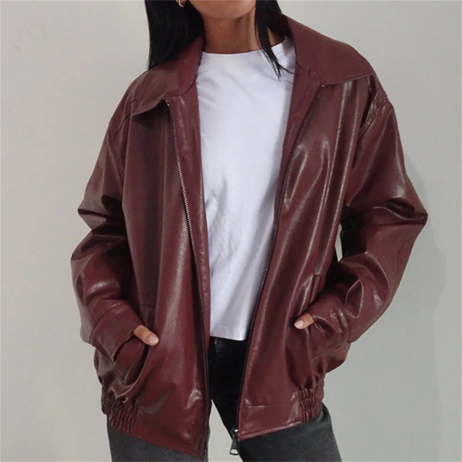 hirigin Womens Oversized Zip Up Leather Jackets Faux Motorcycle Bomber Coats 2024 Fall Fashion Outfits Winter Clothes 241223