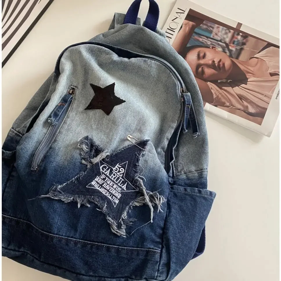 American Retro Large Capacity Denim Bag Butterfly Star Large Capacity Student Schoolbag Backpack Storage Bag Kids Backpack 241230